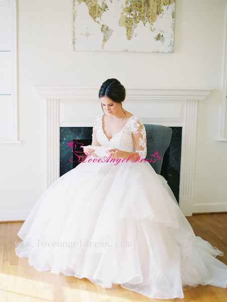 v-neck-lace-three-quarter-sleeves-organza-wedding-dresses