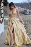 v-neck-rhinestones-top-two-piece-gold-prom-gowns-with-side-slit
