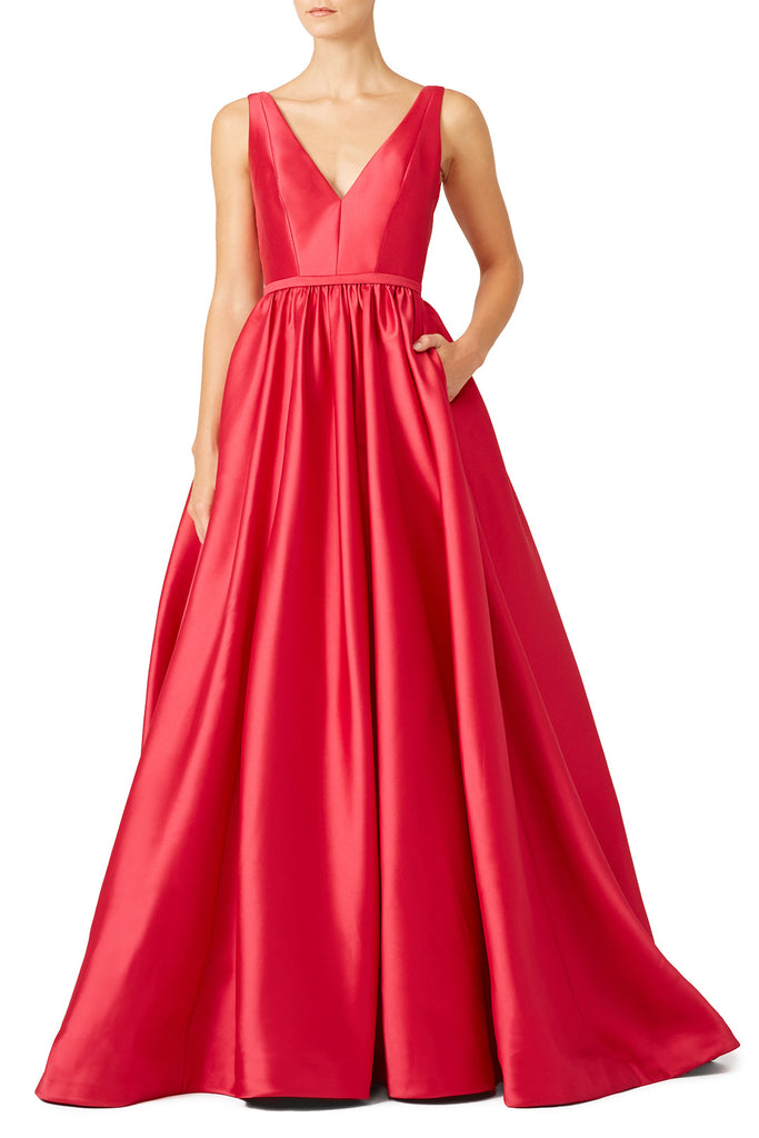 V-neck Satin Red Long Evening Dresses with Pockets