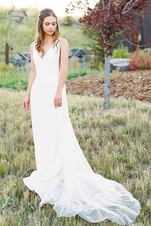 V-neck Summer Beach Wedding Gown with Lace Train