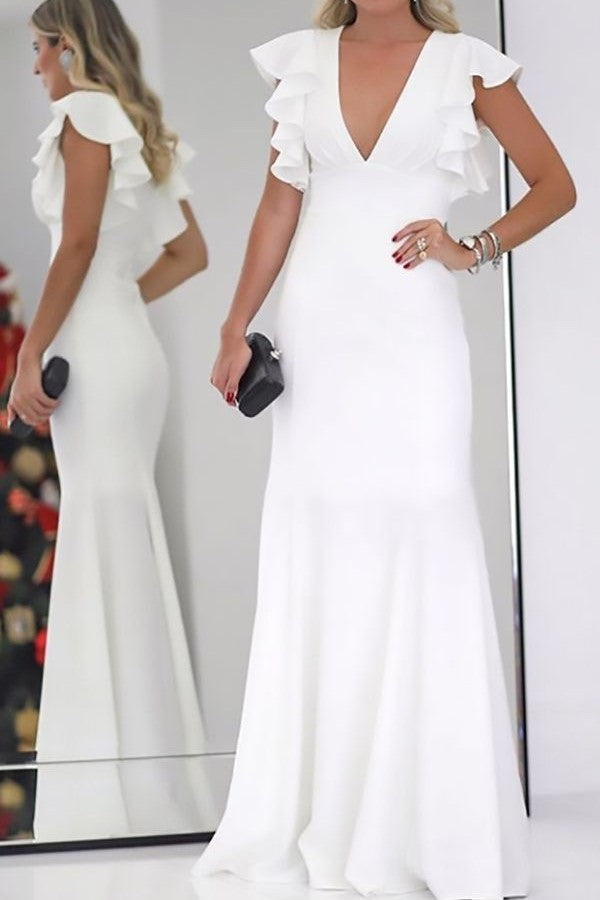 V-neck White Wedding Dress with Ruffles Sleeves