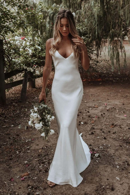 V-neckline A-line Simple Backless Beach Wedding Dress Ivory