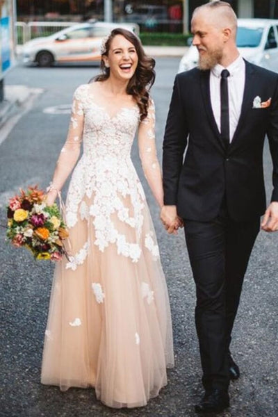 v-neckline-lace-champagne-wedding-gown-with-illusion-long-sleeves-1