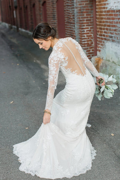 V neckline Lace Vintage Wedding Dress Long Sleeves Bridal Gowns 2018