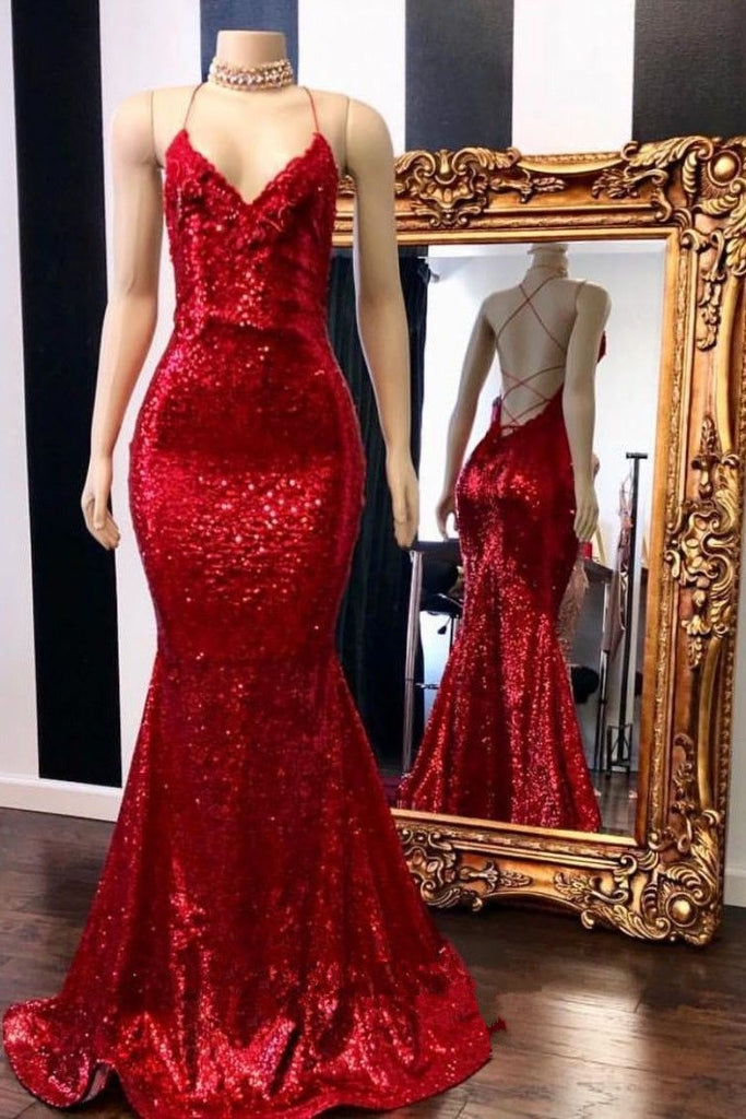 V-neckline Red Sequin Evening Prom Dresses Mermaid Style