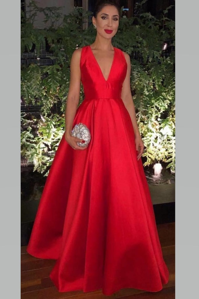 V-neckline Satin Red Prom Gown with Bow Embellished Back