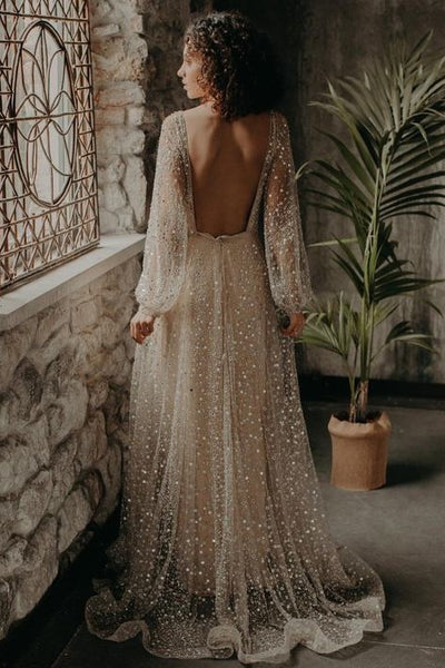 v-neckline-sequin-wedding-dresses-loose-long-sleeves-1