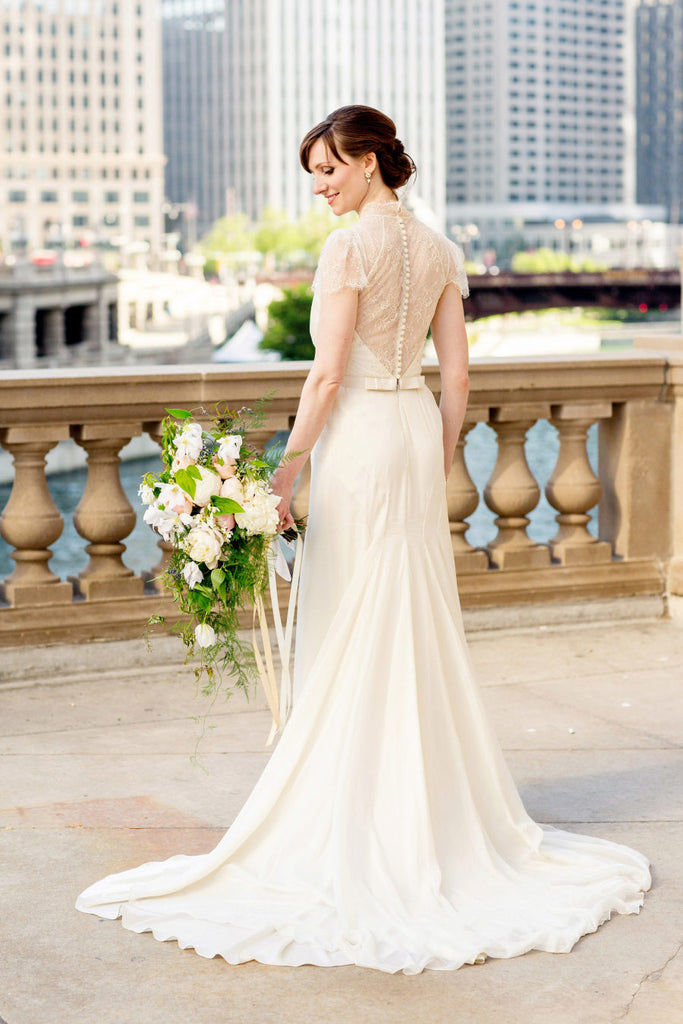 V-neckline Sheer Lace Chiffon Short Sleeves Wedding Gown Malaysia