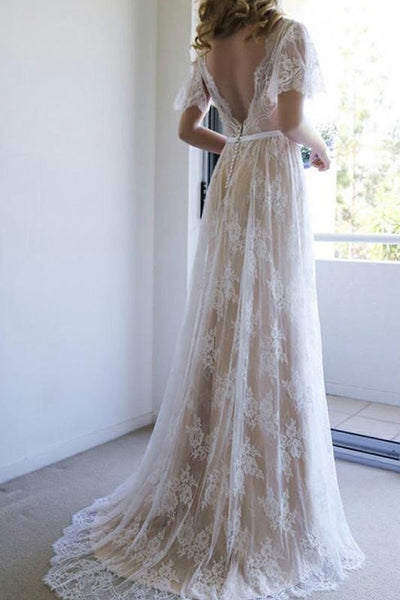 v-neckline-short-sleeves-lace-wedding-dresses-boho-style