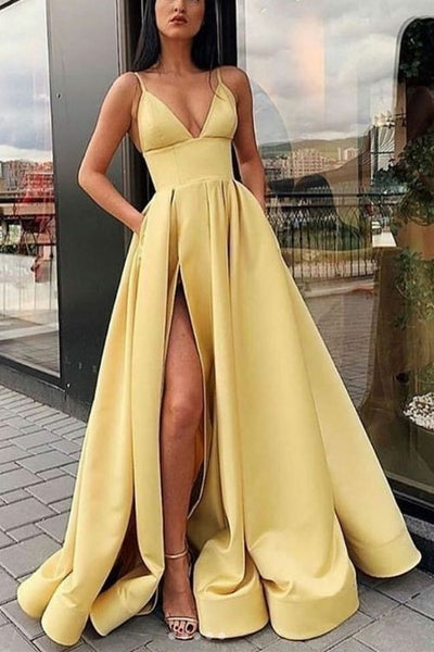 Yellow Halter Satin Prom Dress with Pockets, Slit FD1655 - Yellow / Custom  Size