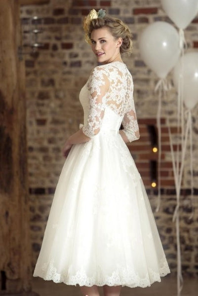 Vintage Lace Tea Length Wedding Dress with Sleeves loveangeldress