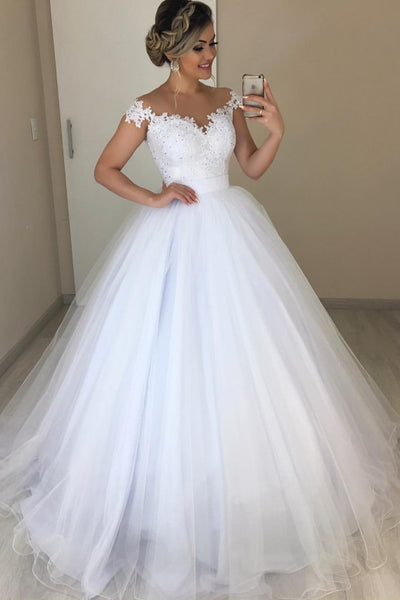 White Lace Garden Wedding Dresses Capped Sleeves