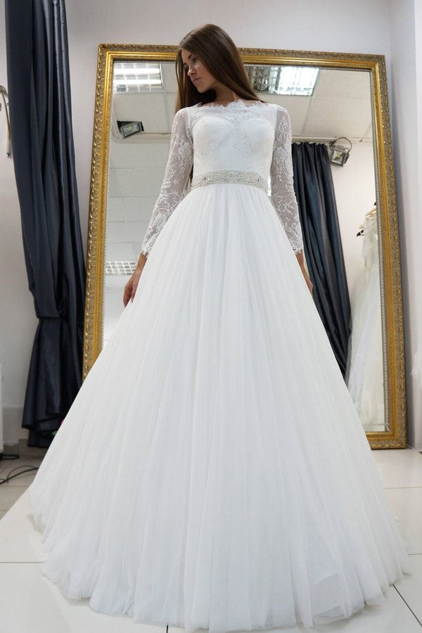 White Lace Long Sleeves Wedding Dress Tulle Skirt