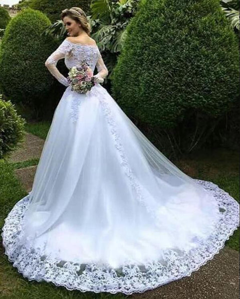 white-lace-tulle-wedding-gown-off-the-shoulder-long-sleeves
