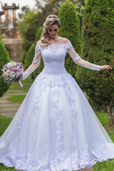 White Lace Tulle Wedding Gown Off the shoulder Long Sleeves