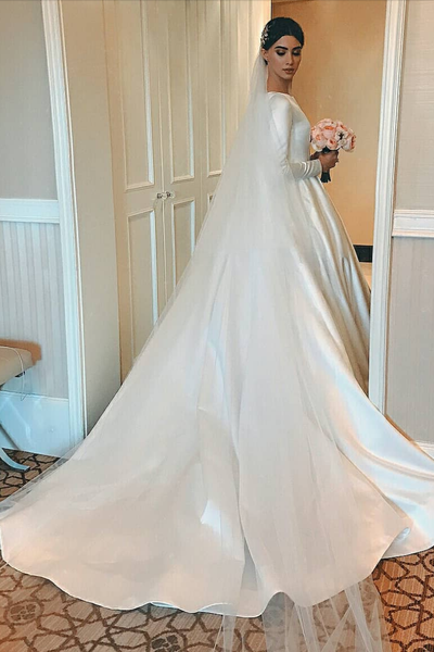 Plus Size Satin Wedding Dress With Lace Sleeves, A Line Satin Wedding  Dress, Classic Wedding Dress With Long Sleeves, ALL SIZES -  Israel