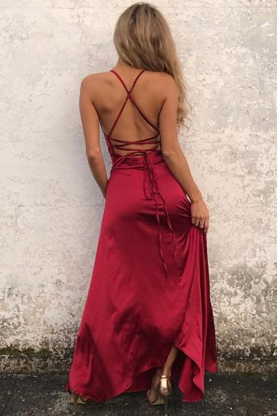 Wine Red Prom Gown with Strappy Backless