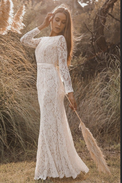 Women Modest Lace Wedding Dress Long Sleeves