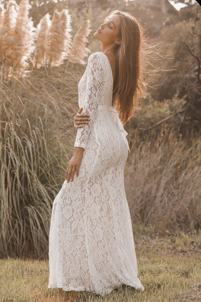 Women Modest Lace Wedding Dress Long Sleeves