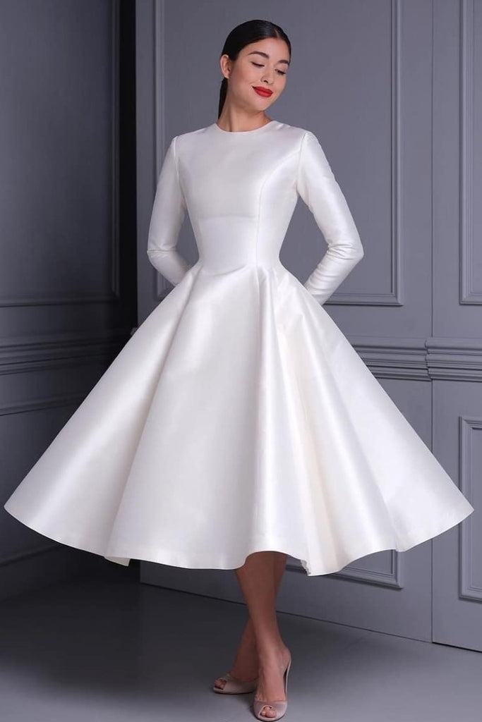 Women Modest Midi Wedding Dresses with Long Sleeves
