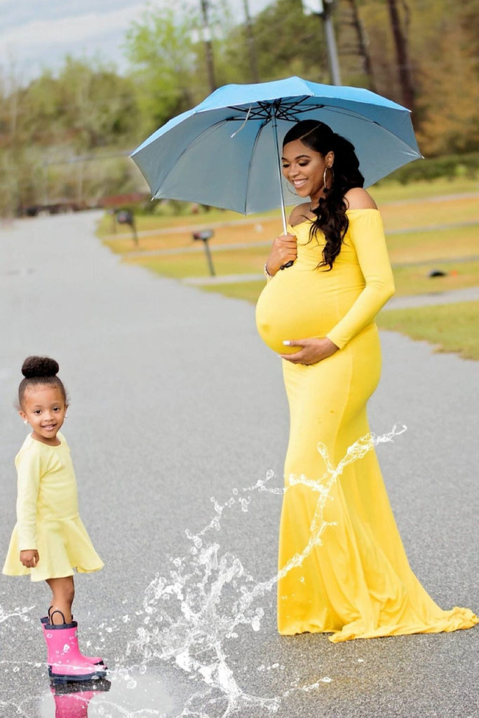 Yellow Maternity Dress Off-the-shoulder Long Sleeve