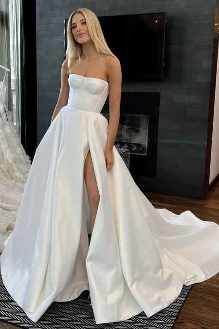 Satin Simple Wedding Dress with Off-the-shoulder Neckline
