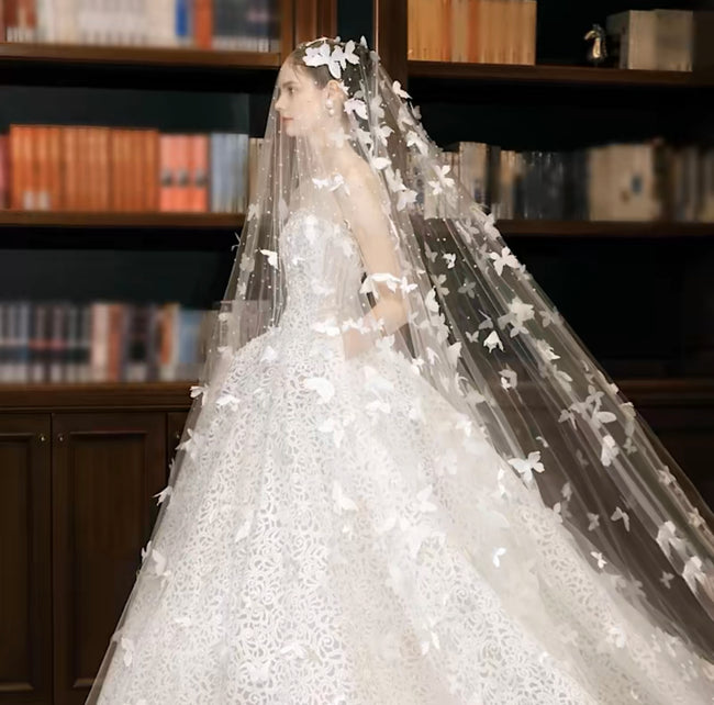 3D Butterfly Long Bridal Veil with Pearls Details