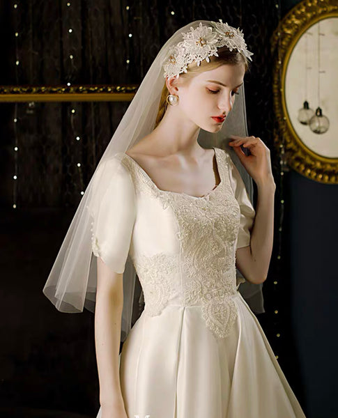 Two Tiers Finger Veils with Beaded Lace Hairband