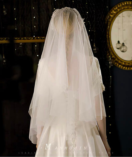 Two Tiers Finger Veils with Beaded Lace Hairband