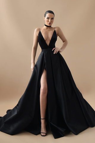chinese dress ladies Black Satin Split Gown | Off Shoulder | Train main image 0