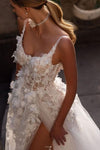 White floral dress worn by a model with a blurred background