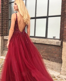 Beaded V-neckline Burgundy Evening Dress Tulle Skirt