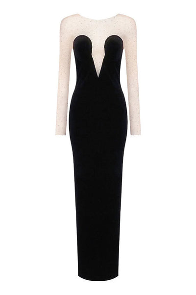 Black Velvet Prom Gown with Rhinestones Mesh Long Sleeves