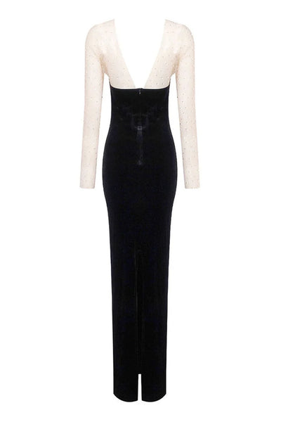 Black Velvet Prom Gown with Rhinestones Mesh Long Sleeves