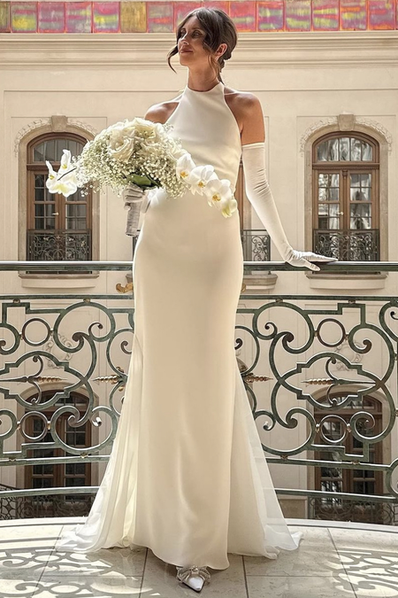 Strapless White Satin Wedding Gown with Bow Train