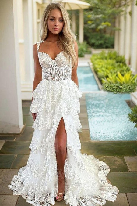 Lace Pearls Sleeveless Floral Wedding Dresses with V-neckline