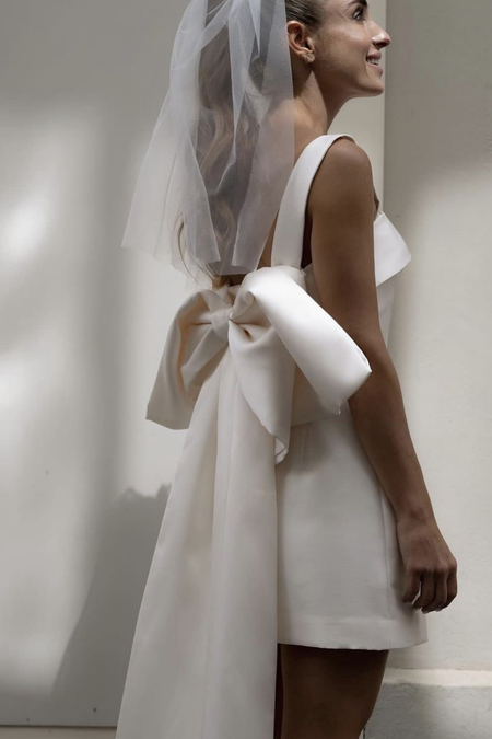 Deep V-neck Satin Bride Dress with Beaded Tulle Skirt