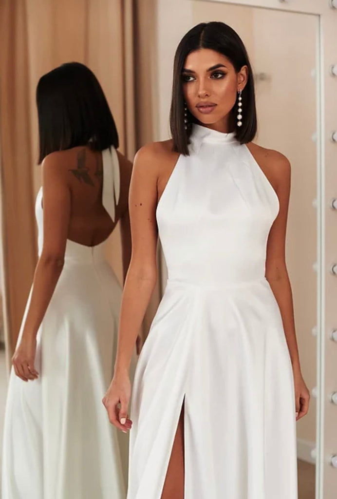 A-Line/Princess Halter Neck Sleeveless Split Side Evening Dresses with Bow(s)