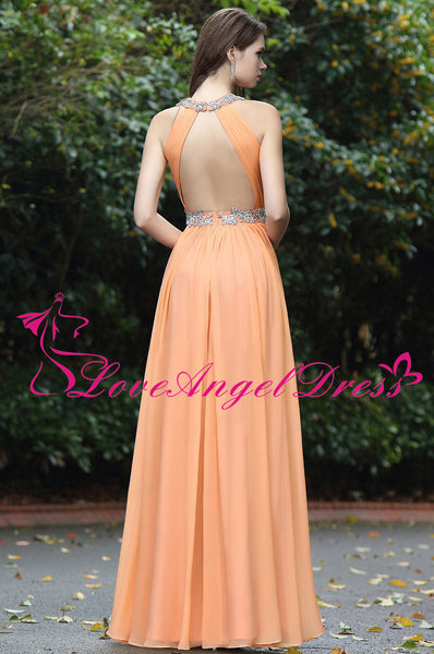 Orange Chiffon Floor Length Rhinestones Prom Dresses with Hollow Back