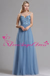 Spaghetti Straps A-line Tulle Blue Prom Long Dresses with Lace Bodice