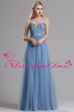 Spaghetti Straps A-line Tulle Blue Prom Long Dresses with Lace Bodice