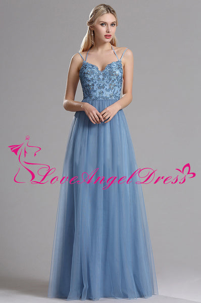 Spaghetti Straps A-line Tulle Blue Prom Long Dresses with Lace Bodice