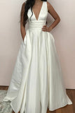 V-neckline White Satin Wedding Gown with Pockets