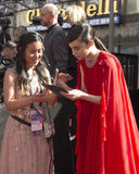 Sofia Carson Red Chiffon Prom Celebrity Dress with Jewelry Neck