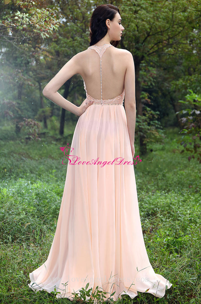 A-line Sweetheart Beaded Crystals Pink Chiffon Prom Gown