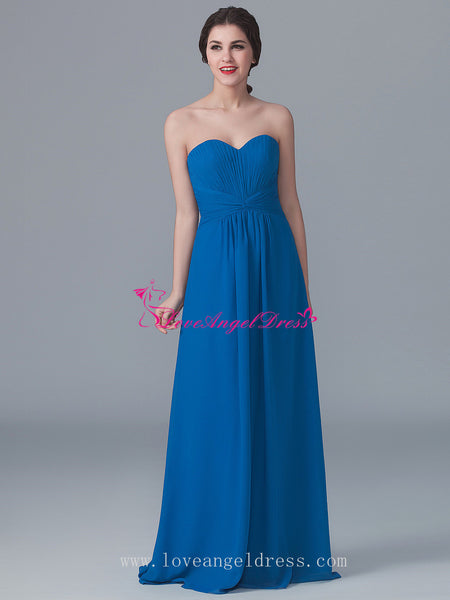 Curved Strapless A-line Blue Chiffon Bridesmaid Gown