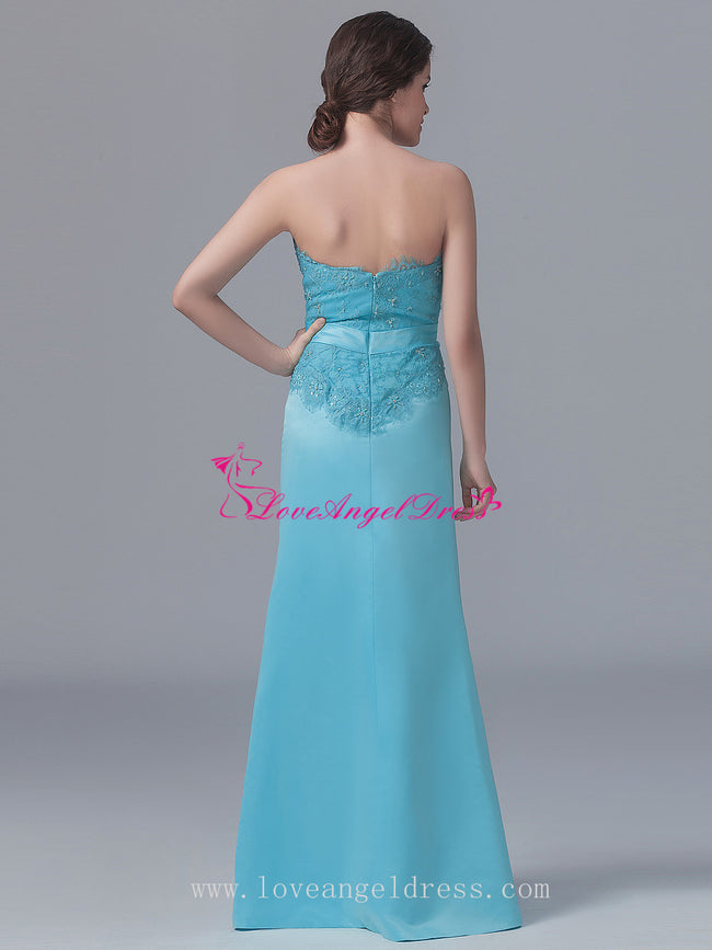 Beaded Lace Light Blue Satin Long Bridesmaid Wedding Guests Dresses