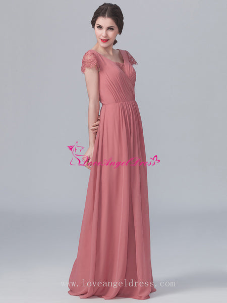 V-neck Lace Capped Sleeves Chiffon Long Dresses for Bridesmaid