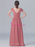 V-neck Lace Capped Sleeves Chiffon Long Dresses for Bridesmaid