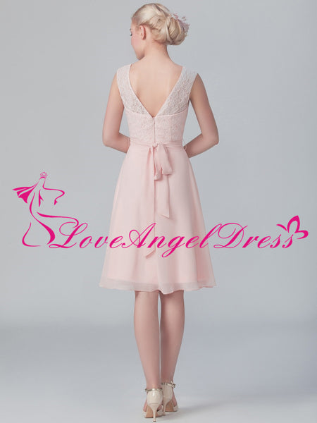 Boat Neck A-line Pink Lace and Chiffon Short Bridesmaid Gown